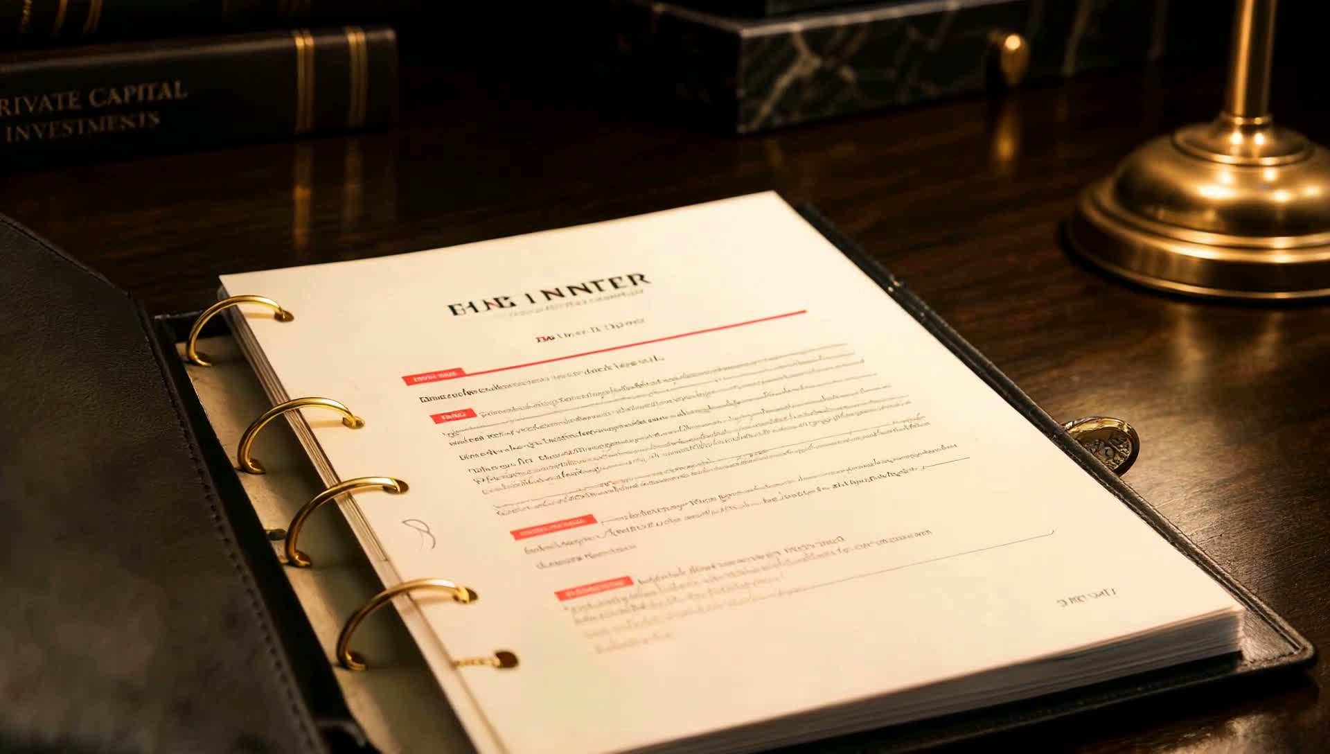 A leather Daily Trending Brief™ folder opened to a gold-lit, fully redacted sample page