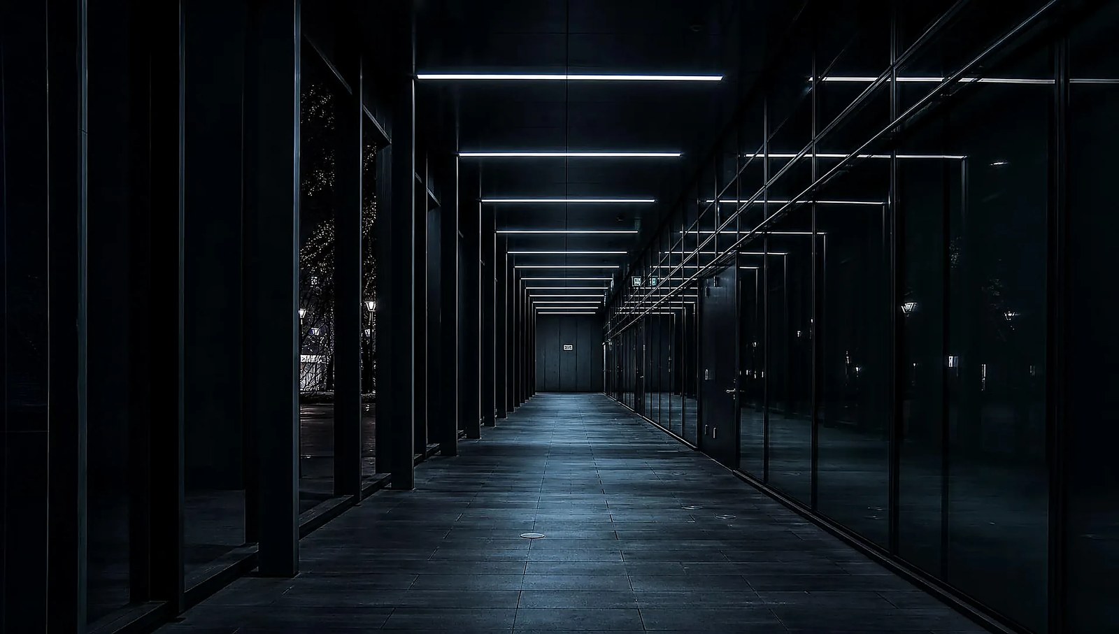 A dark glass and steel corridor at night with receding pale blue light lines