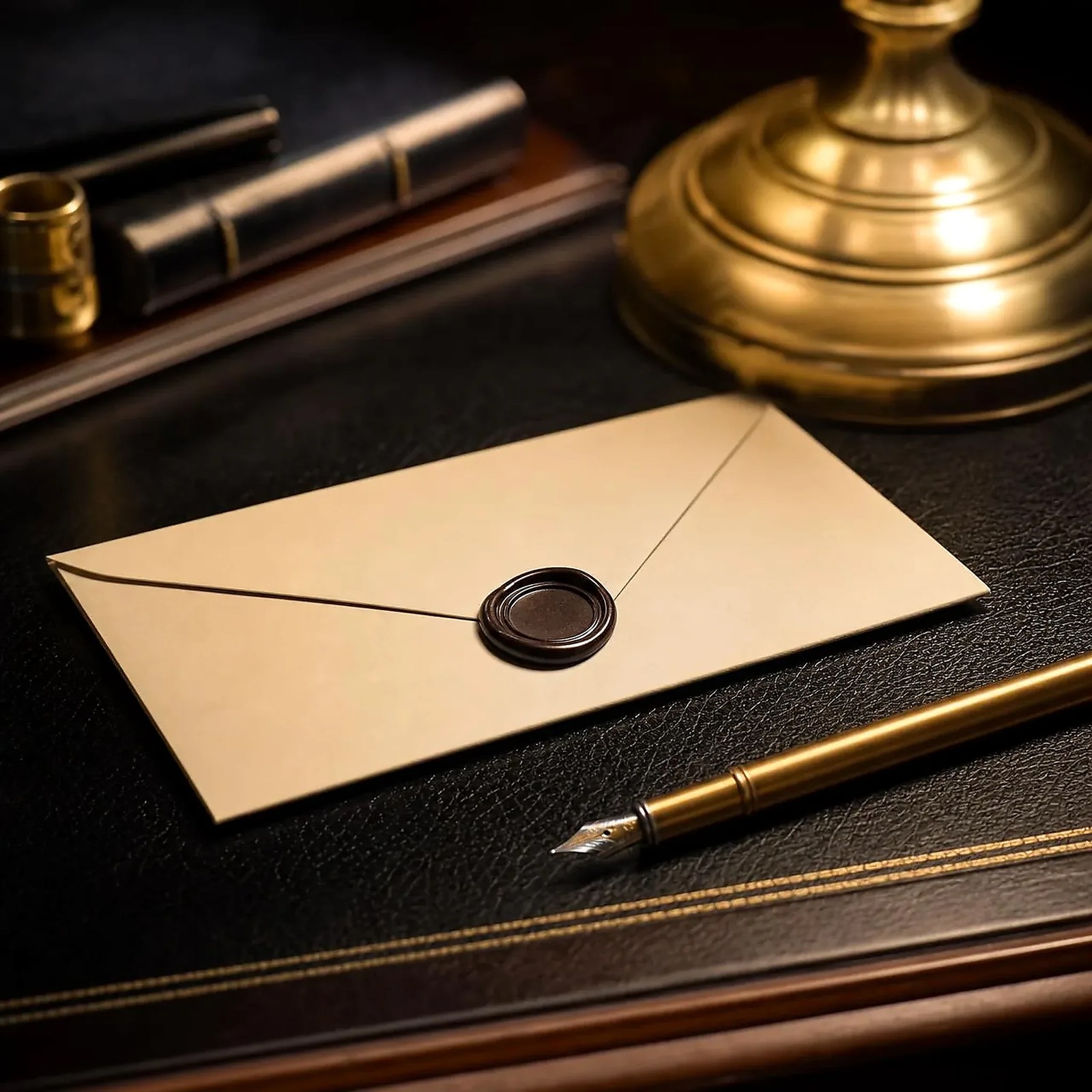 A wax-sealed letter and brass fountain pen on a dark desk beside a lamp