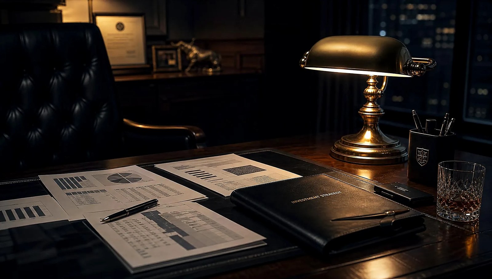A dark walnut executive desk at night with printed trend charts lit by a single brass lamp
