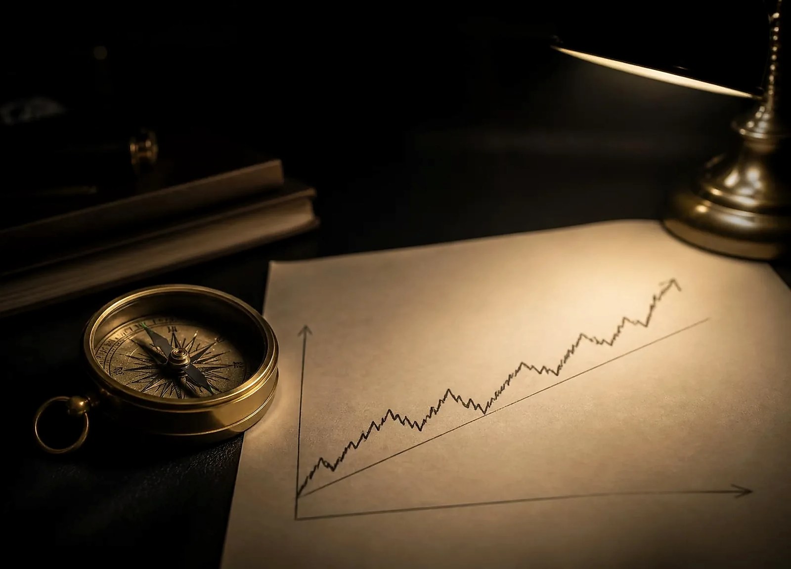 A brass compass beside a hand-drawn trend line on cream paper under a warm lamp