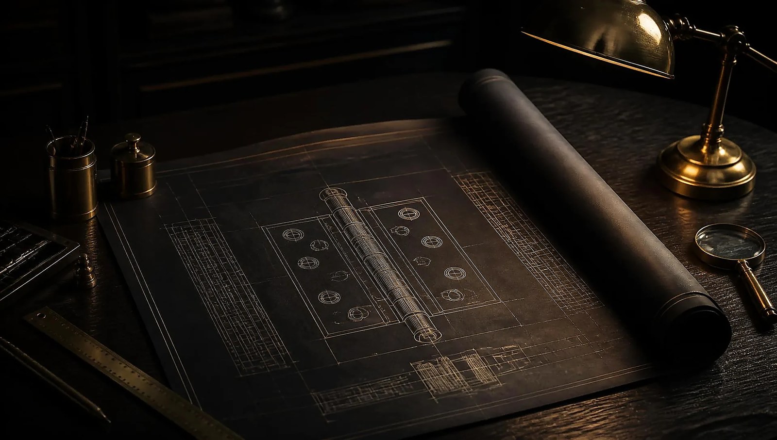 An architectural blueprint of a door hinge unrolled on dark wood beside brass drafting tools and a single lamp