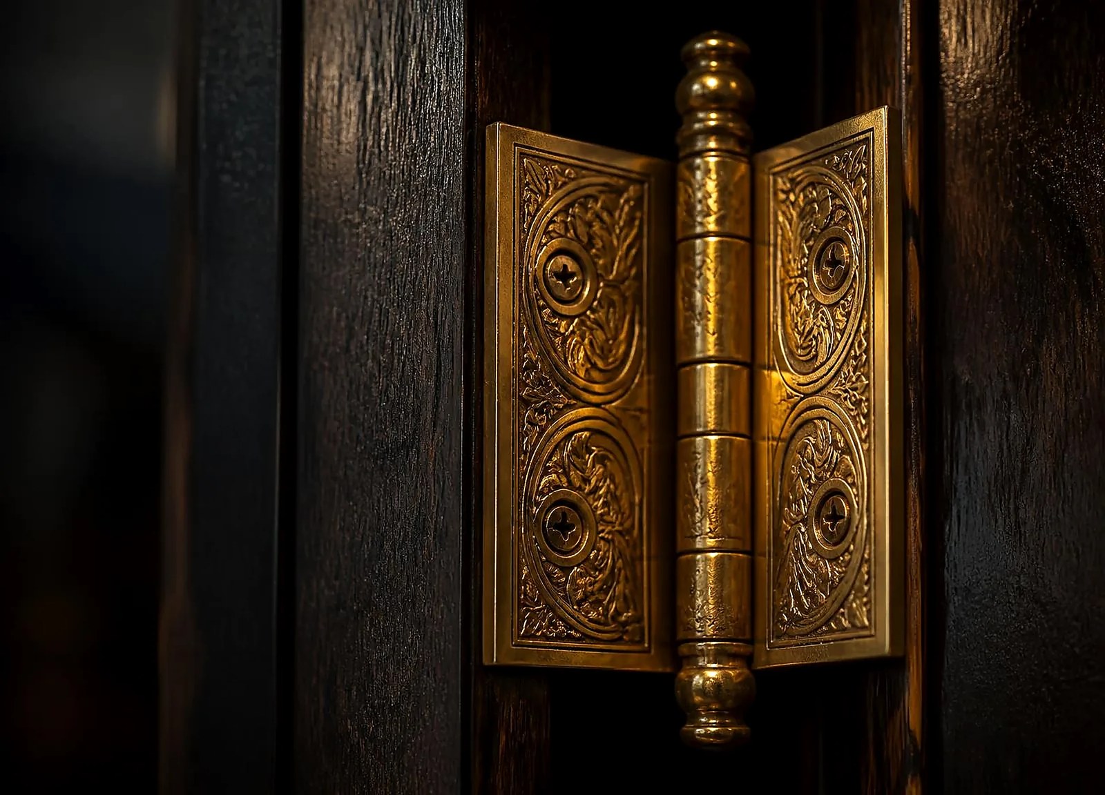 Macro detail of an ornate brass hinge on a dark walnut door under warm light