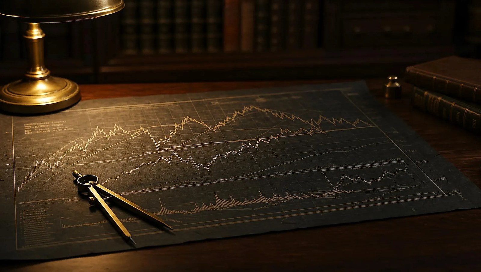A dark charcoal blueprint spread under a brass desk lamp with a compass and faded trend lines