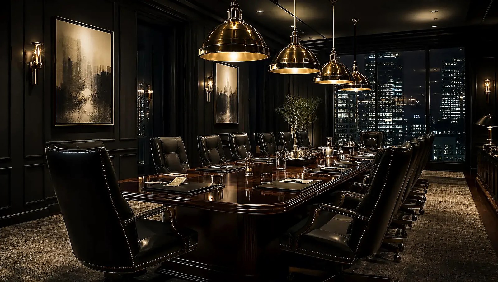 A dark boardroom at night with brass pendant lighting