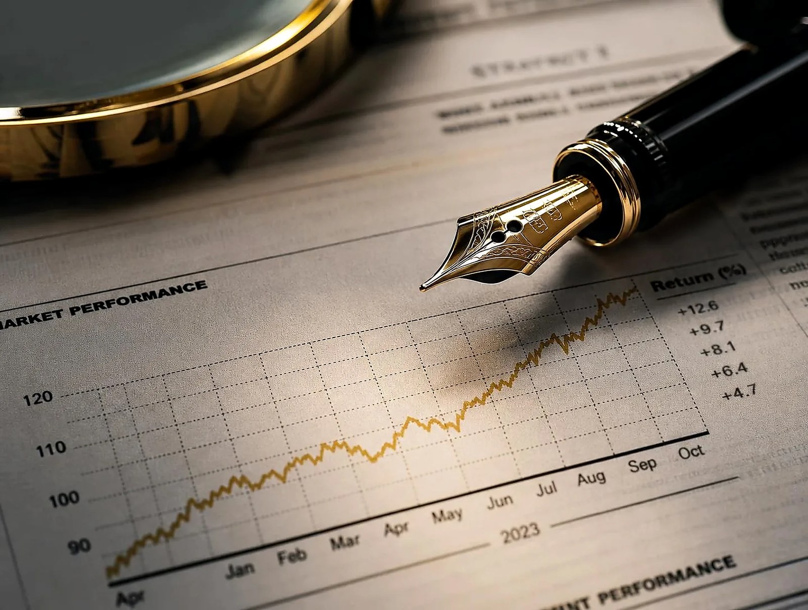 A gold-nibbed fountain pen resting on a printed data sheet with a single gold trend line