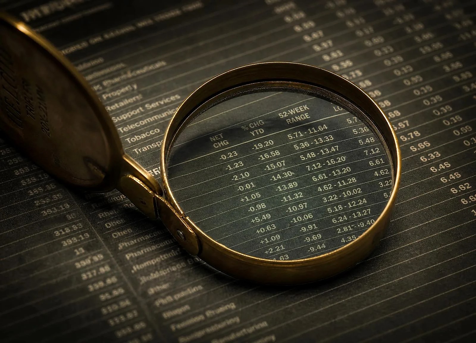 A brass magnifying loupe resting on a dense printed data sheet under warm light