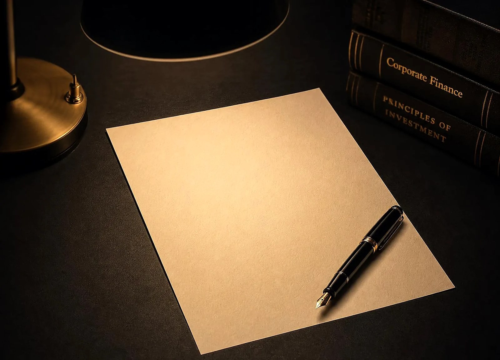 A single sheet of cream paper and a fountain pen lit by one warm desk lamp