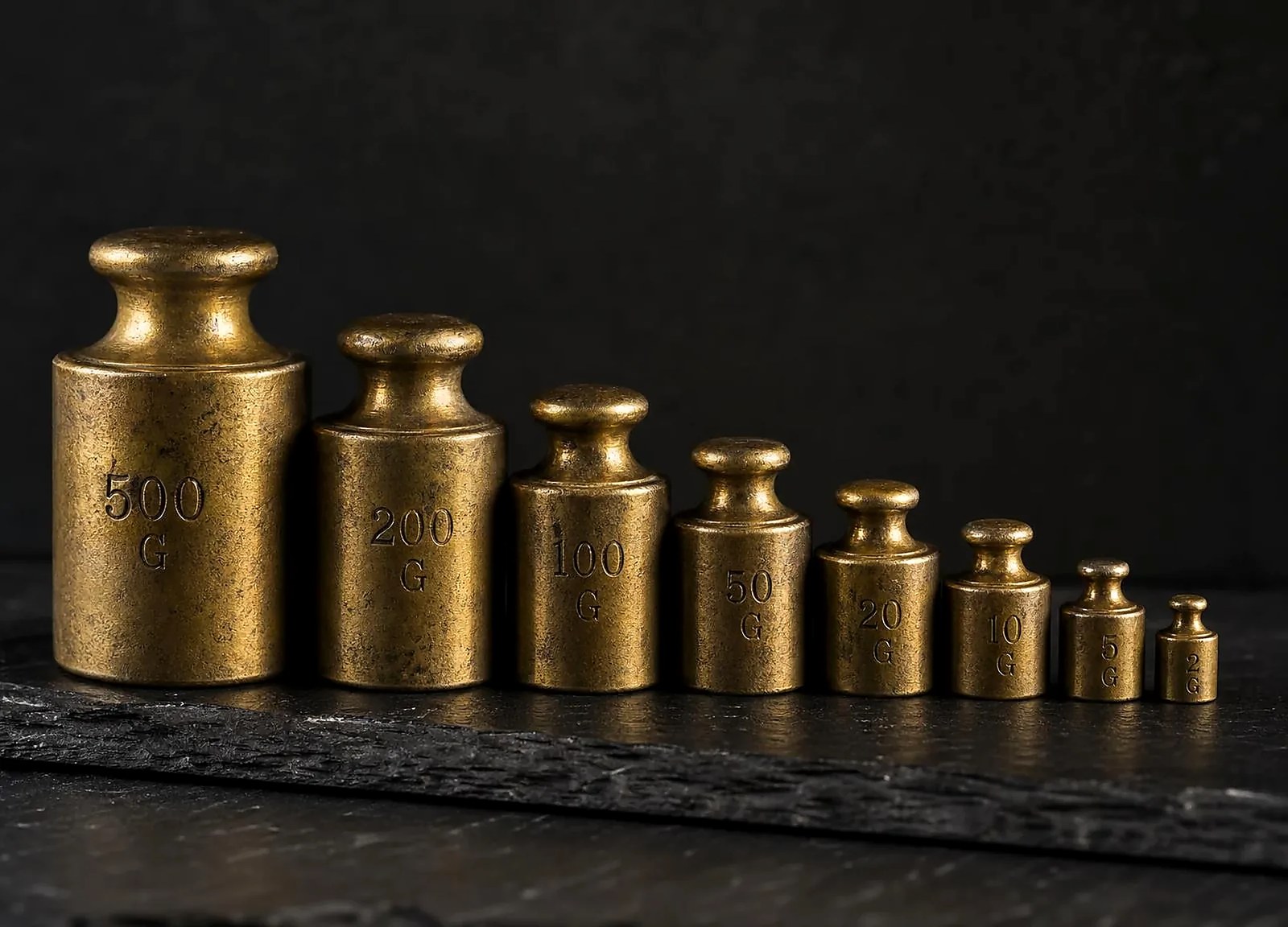 Graduated antique brass balance weights arranged on dark slate