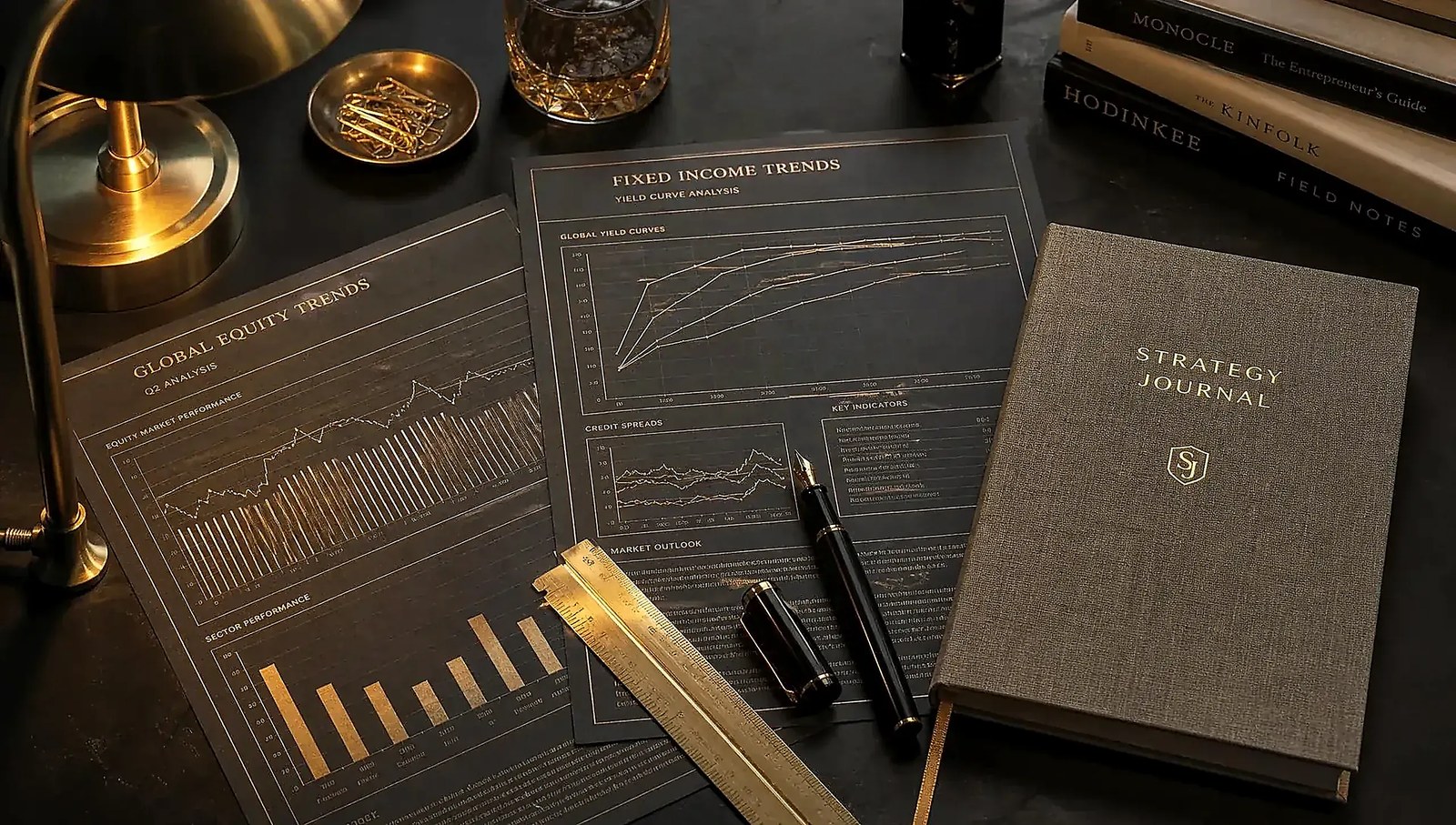 Two people reviewing printed market trend charts on a dark oak table