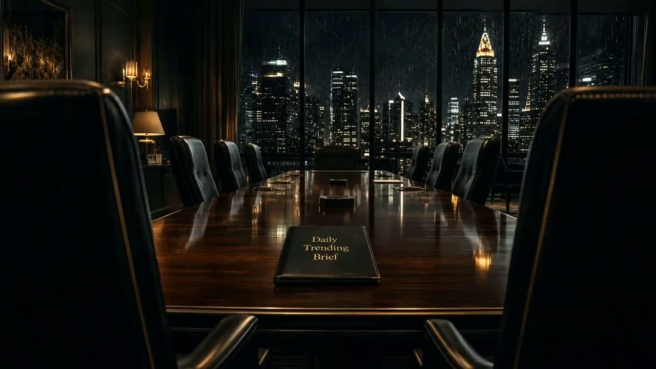 An empty executive boardroom at night as the camera moves past the chairs and settles on a Daily Trending Brief™ folder on the table